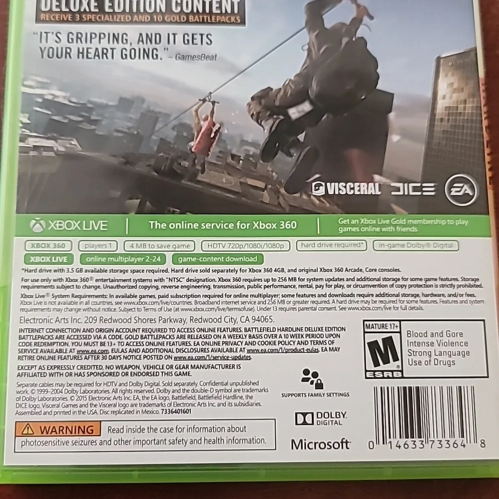 XBOX 360 Battlefield Hardline Deluxe Edition Mature 17+New and Never Used Discs